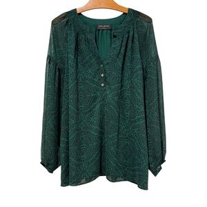 Lane Bryant Plus 14 Shimmer Popover Blouse Split Neck Long Sleeve Leaf Print